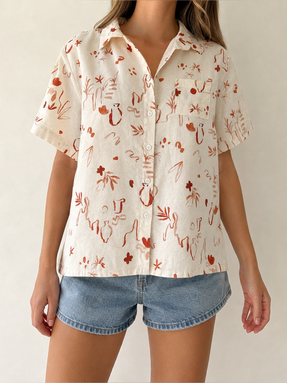 Peppermayo Abstract Pottery Linen Blend Camp Shirt Terracotta 6